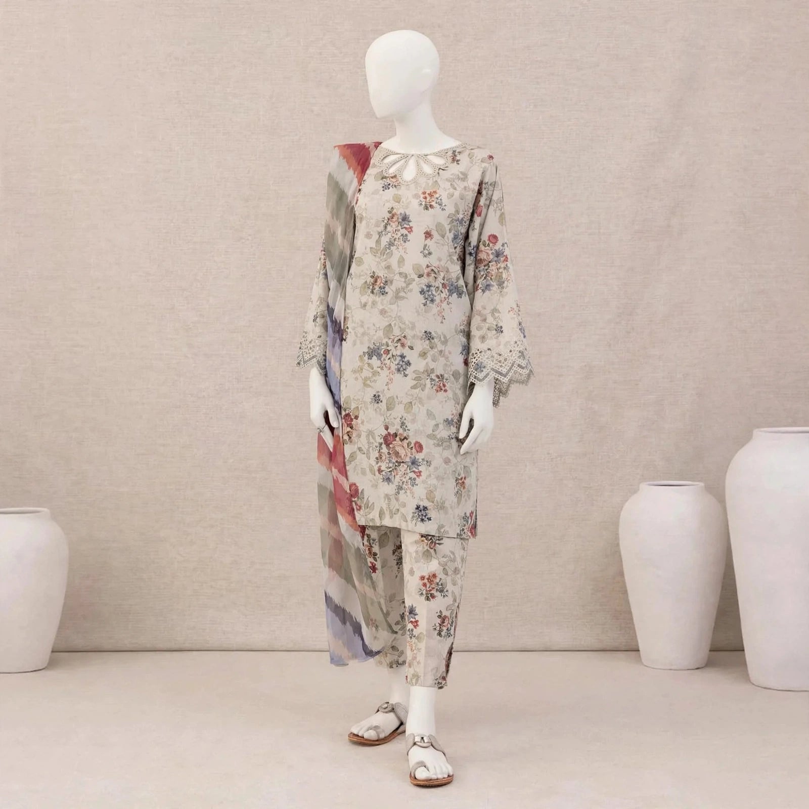 Beige Digital Print Lawn 3Pcs Set