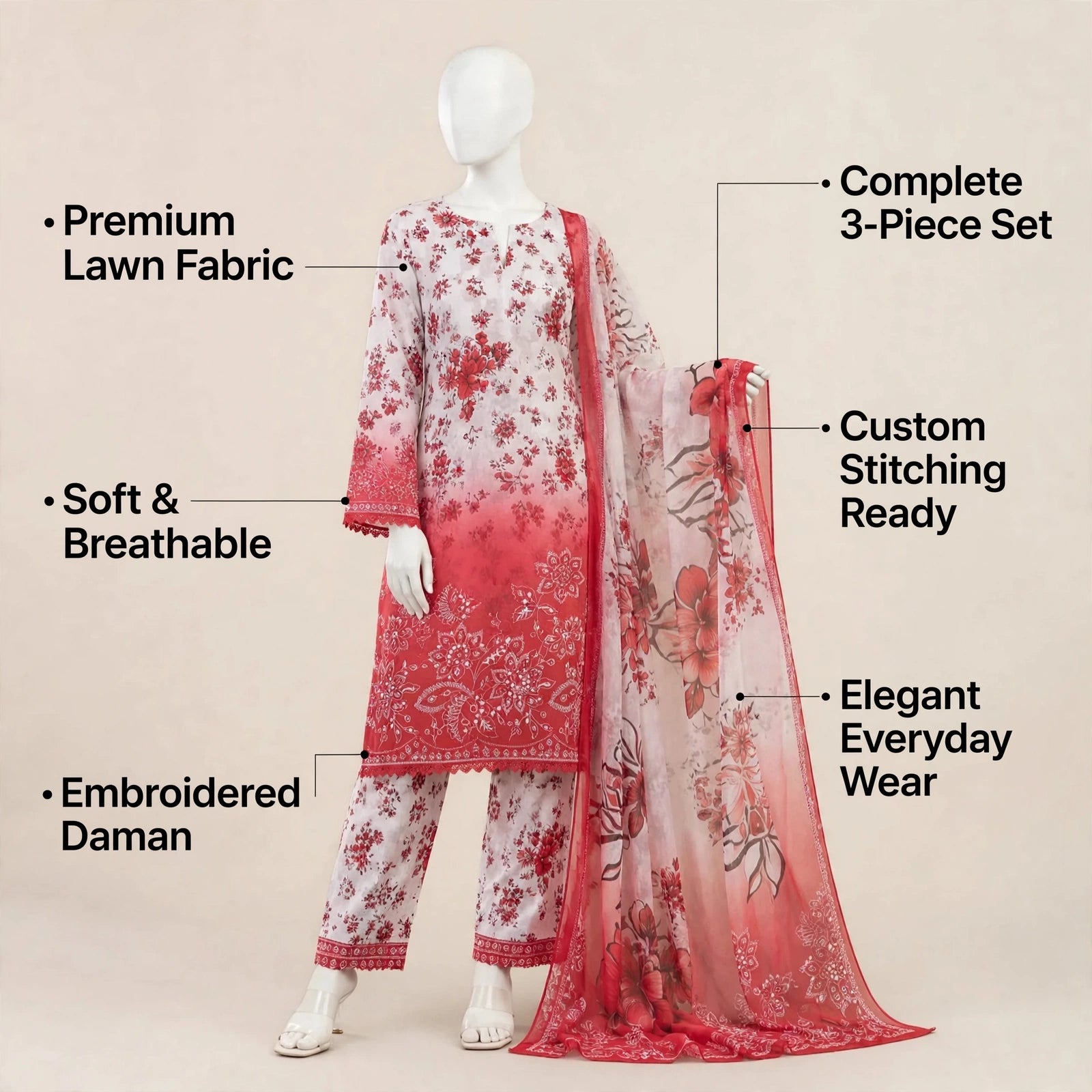 Red Printed Lawn 3Pcs Women Suit Set