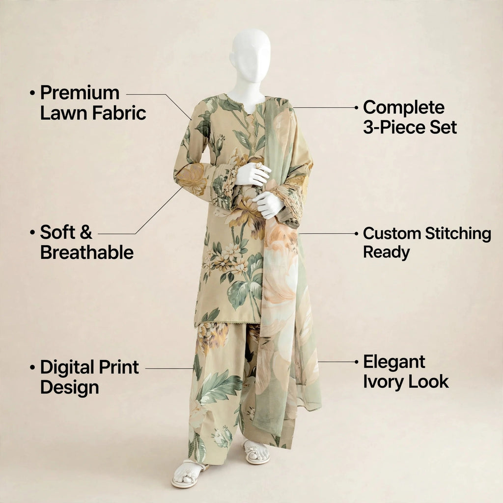 Ivory Digital Print Lawn 3Pcs Set
