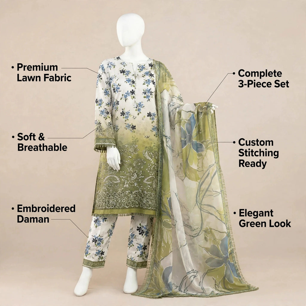 Pakistani Floral Green Kurta Set with Chiffon Dupatta