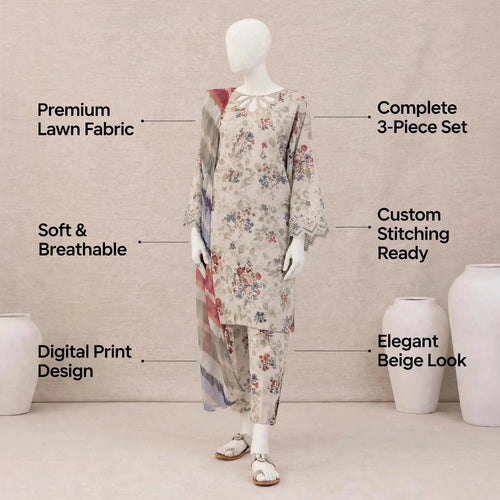 Beige Digital Print Lawn 3Pcs Set