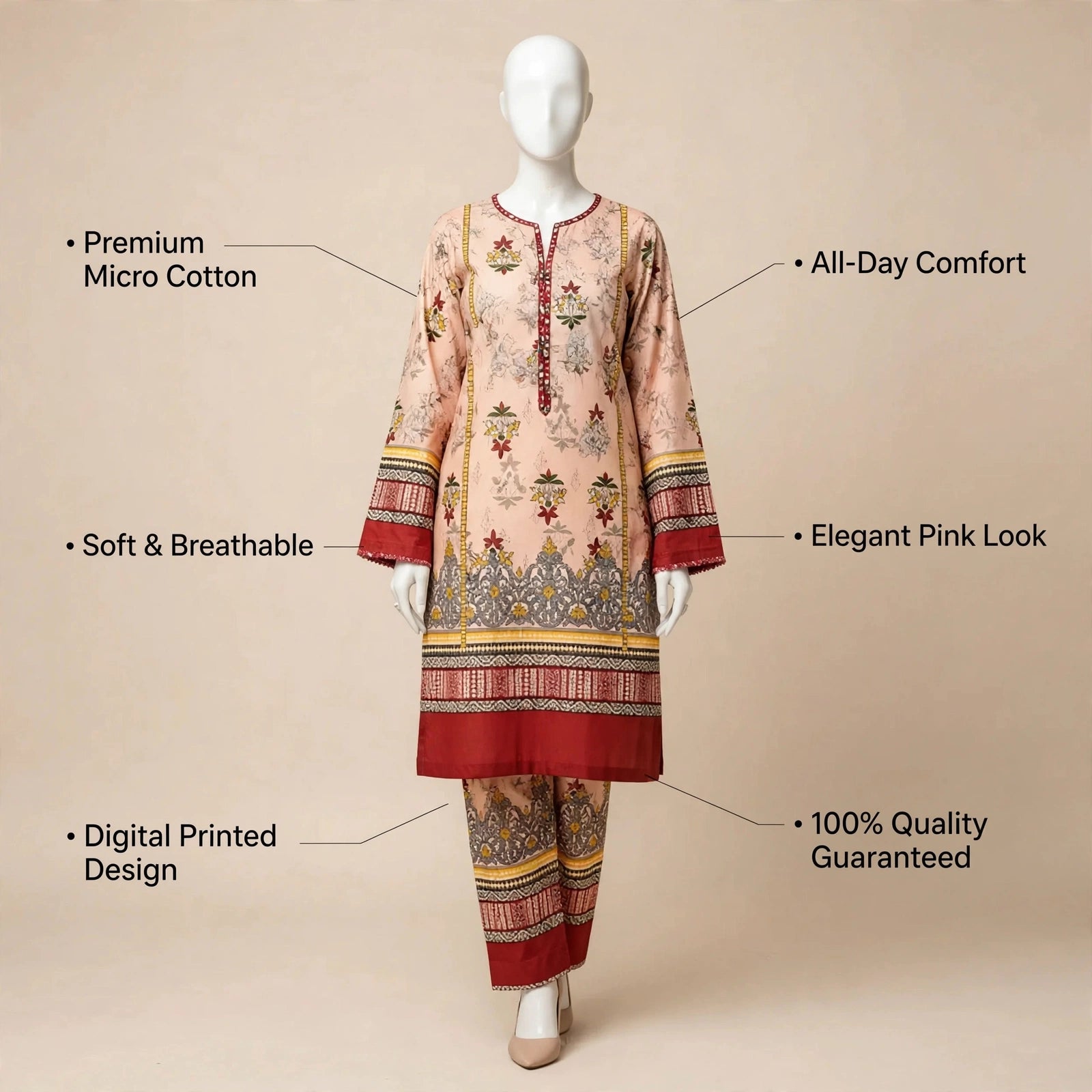 Women Unstitched Printed Suit Pink Polo Cotton 2 Pcs