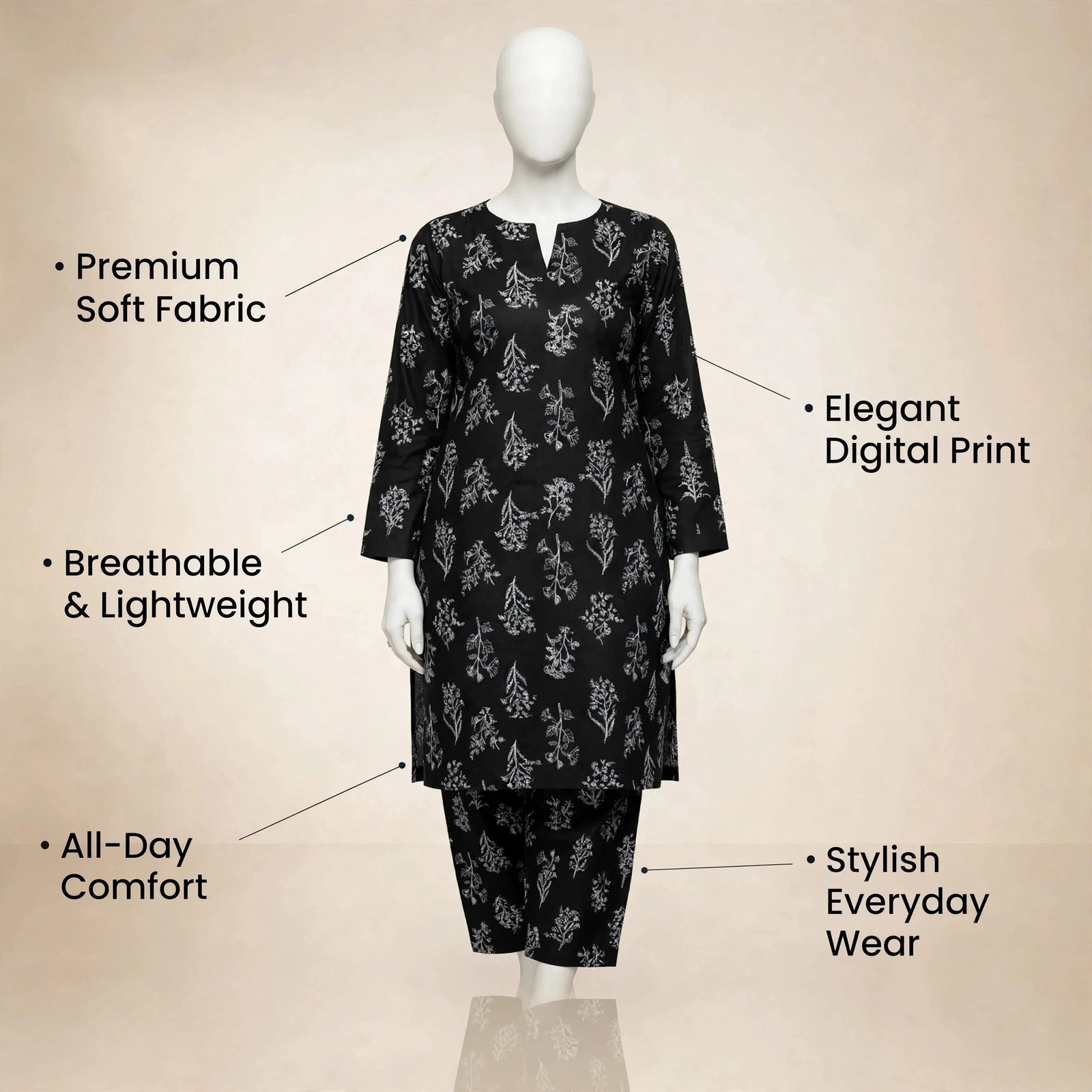 Women's Black Printed 2-Piece Suit – Micro Polo Cotton