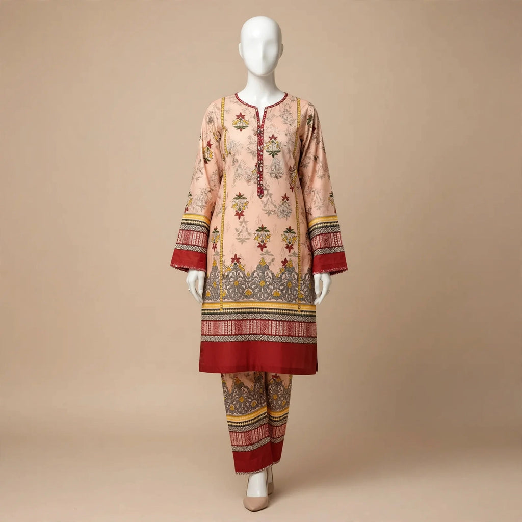Women Unstitched Printed Suit Pink Polo Cotton 2 Pcs