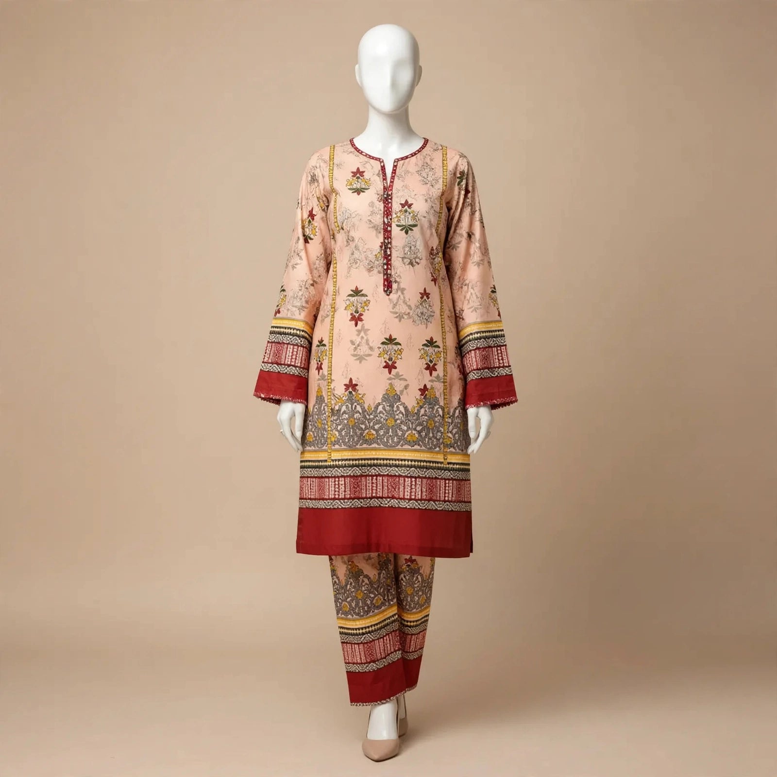Women Unstitched Printed Suit Pink Polo Cotton 2 Pcs
