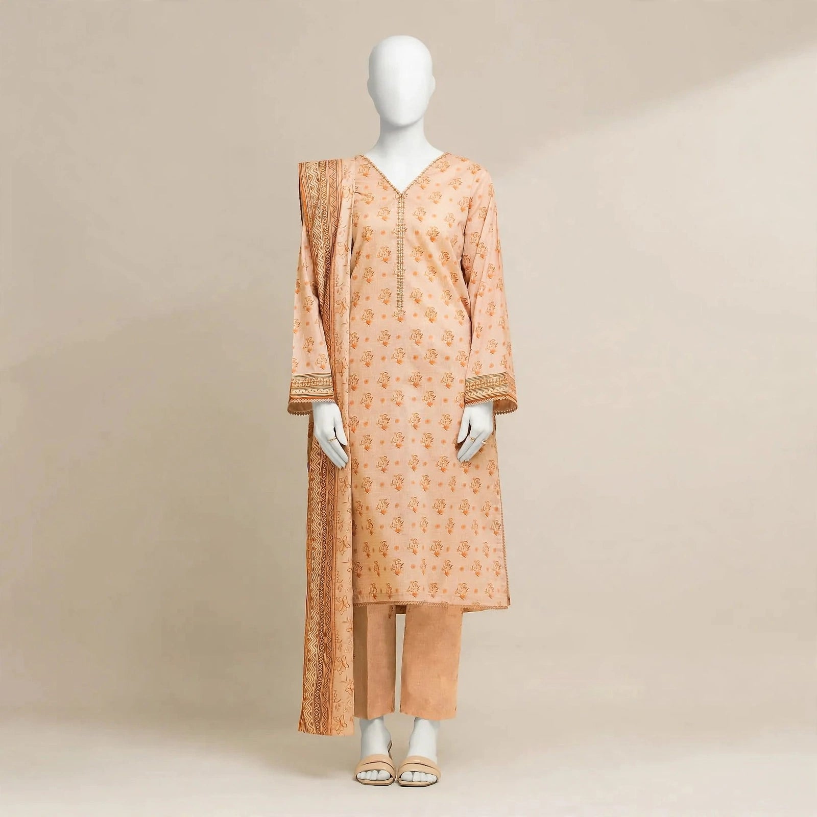 Pakistani Women's Peach Printed Linen 3-Piece Suit