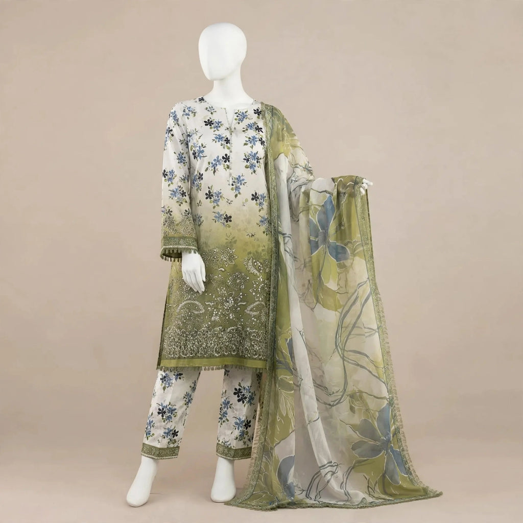 Pakistani Floral Green Kurta Set with Chiffon Dupatta