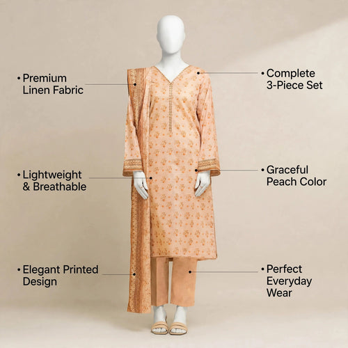 Pakistani Women's Peach Printed Linen 3-Piece Suit
